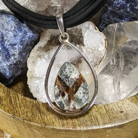 moonsky Jewelry - Rare 925 Astrophyllite tear drop charm and black leather necklace